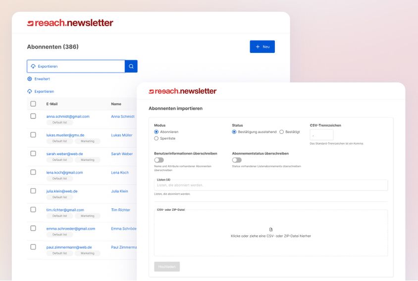 Beispielhafte Darstellung der Empfängerliste und des Importformulars