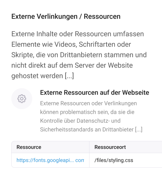 Screenshot des finalcheckups: Externe Ressourcen