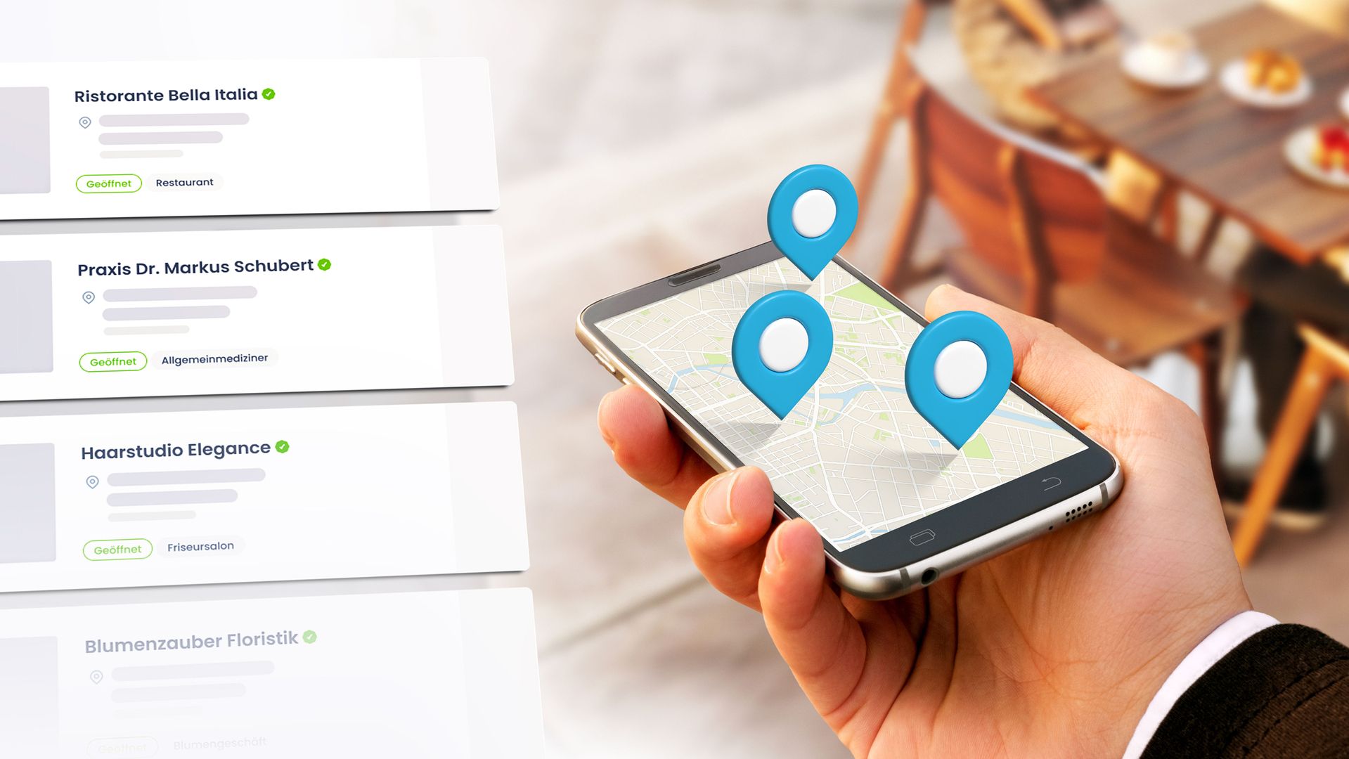 Unternehmensprofile auf gefunden.de, Map-Pins auf einem Smartphone