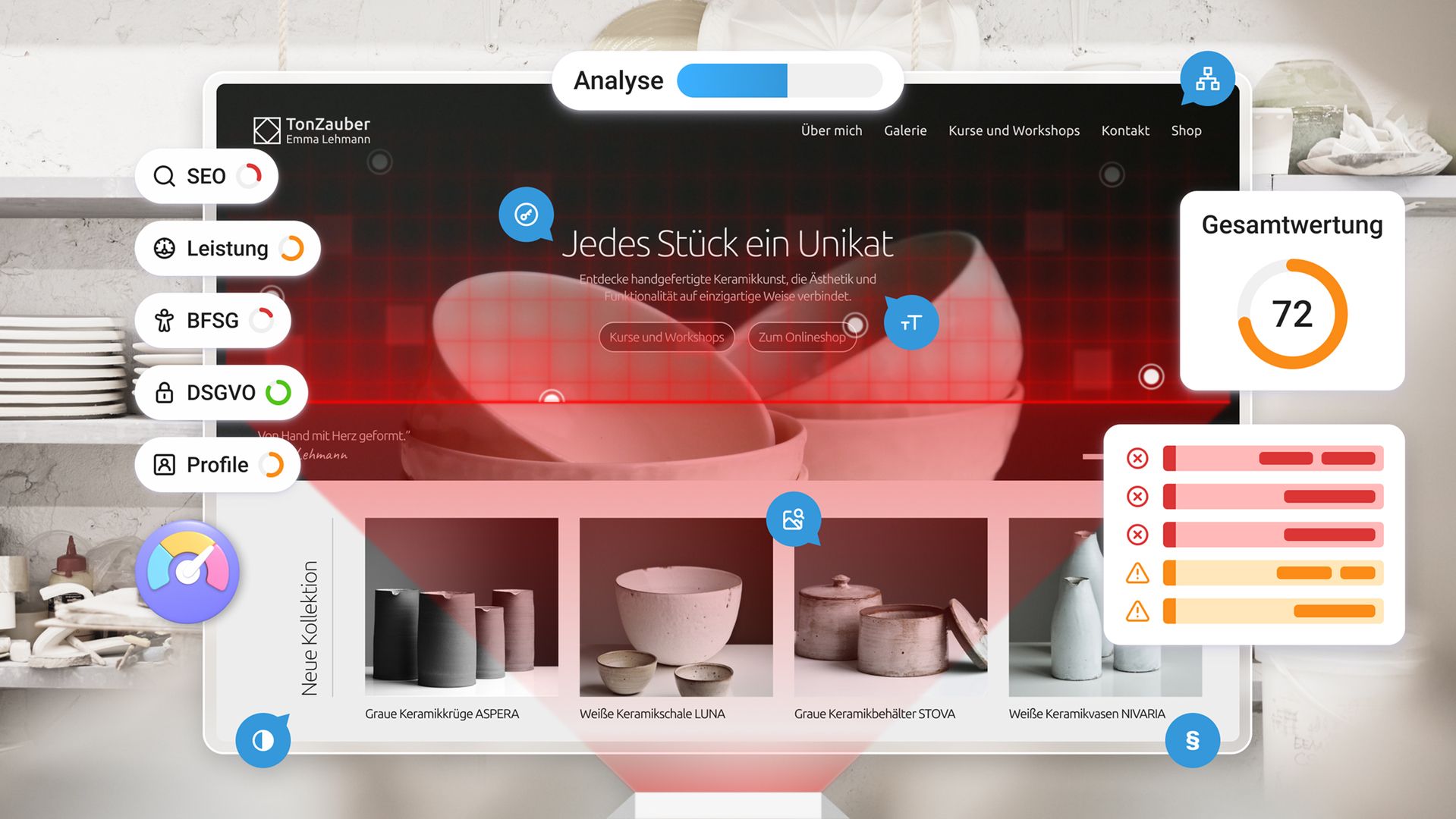 Beispielhafte Darstellung eines Scans einer Website mit illustrierten Auswertungen und Graphen