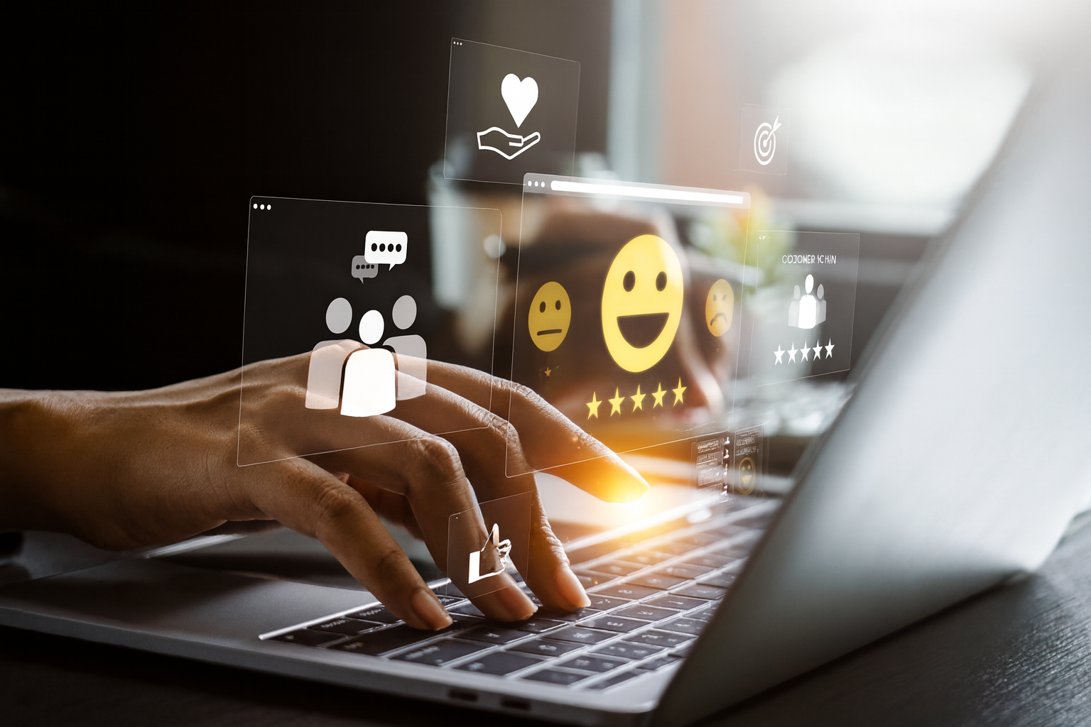 Person tippt auf einem Laptop mit eingeblendeten Symbolen für Bewertungen und Kundenfeedback.