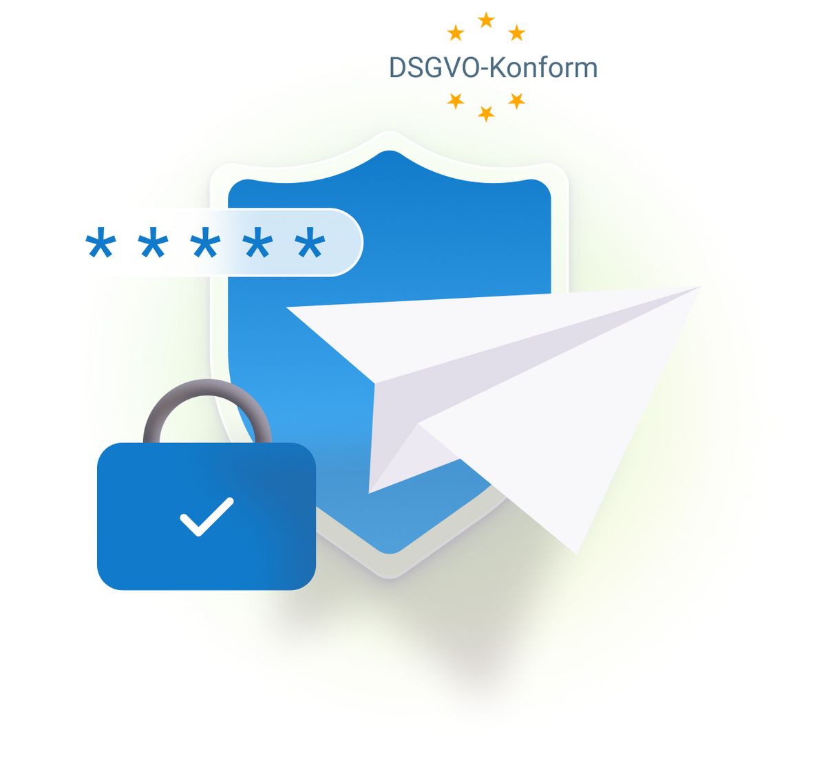 Illustration eines Schildes, eines Schlosses, eines versteckten Passwortes und eines Papierfliegers, zur Darstellung von Sicherheit für E-Mails. Siegel: DSGVO-Konform.
