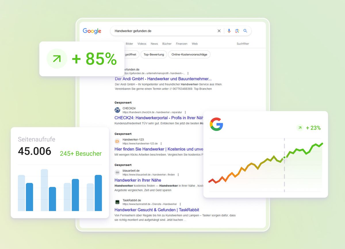 Illustration sich verbessernder Graphen für die Google-Auffindbarkeit der Website
