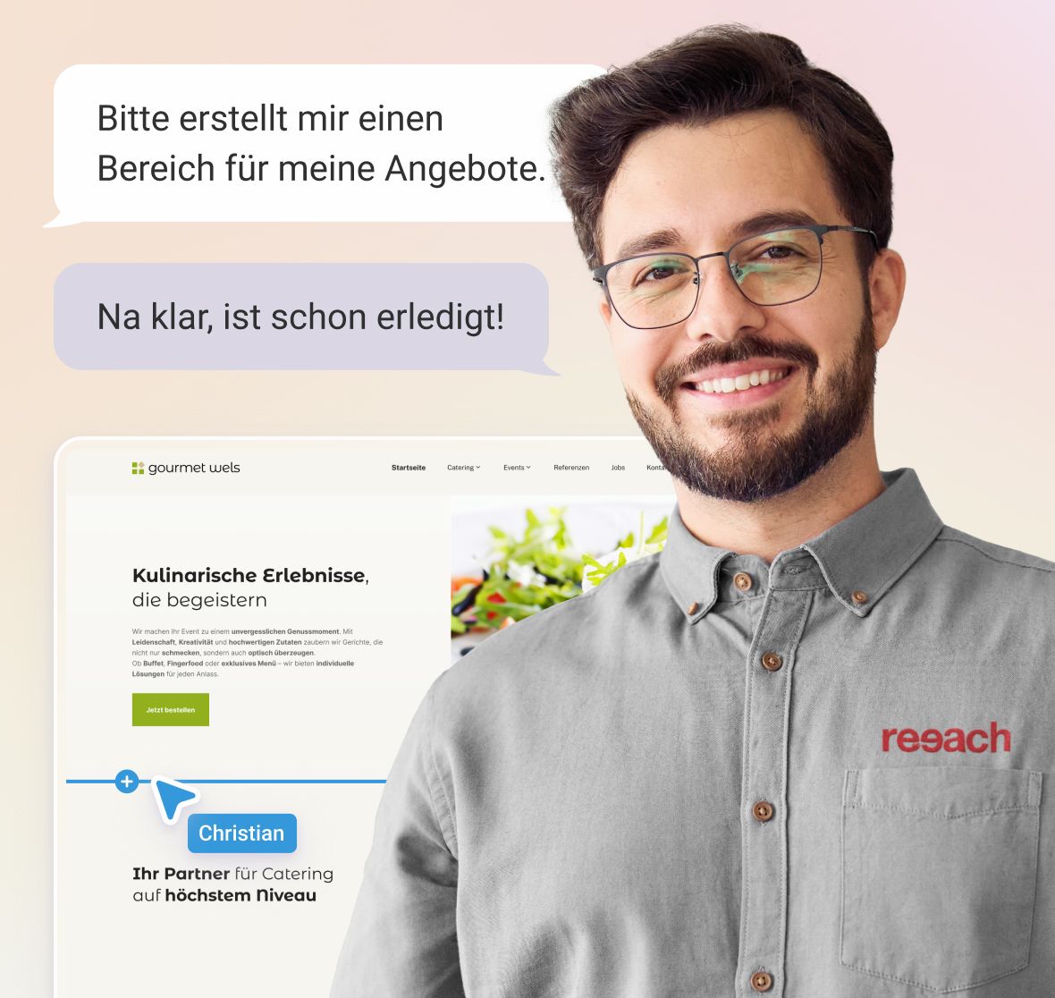 Freundlicher reeach-Mitarbeiter, Chatbubbles im Hintergrund mit einer Kundenanfrage zu Änderungen auf der Website