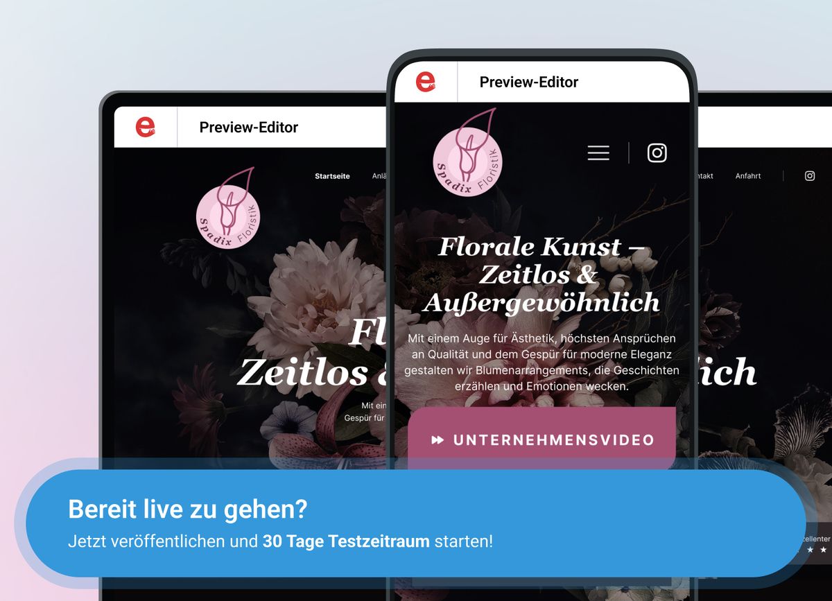 Desktop- und mobile Ansicht einer Website im Preview-Editor des KI Homepage Baukastens von reeach, ein Banner mit der Frage, ob man bereit ist live zu gehen