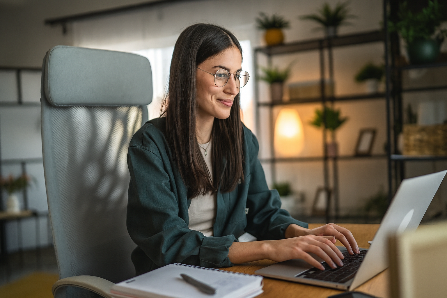 Frau sitzt an einem Schreibtisch und arbeitet konzentriert an einem Laptop.