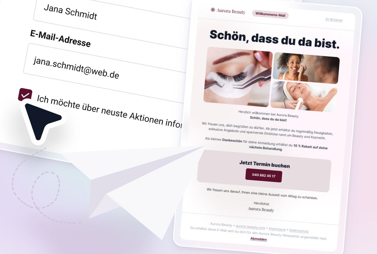Illustration einer Bestätigung für einen Newsletter mit sofort einkommender Willkommens-E-Mail
